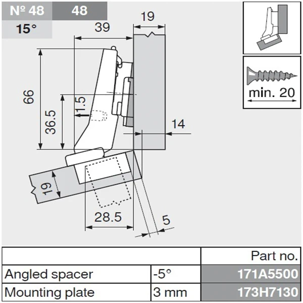 Завіса Blum кутова накладна +20⁰ кут відкривання 95⁰ 78A9555,T MB20+ V50 NI Нікель - 2