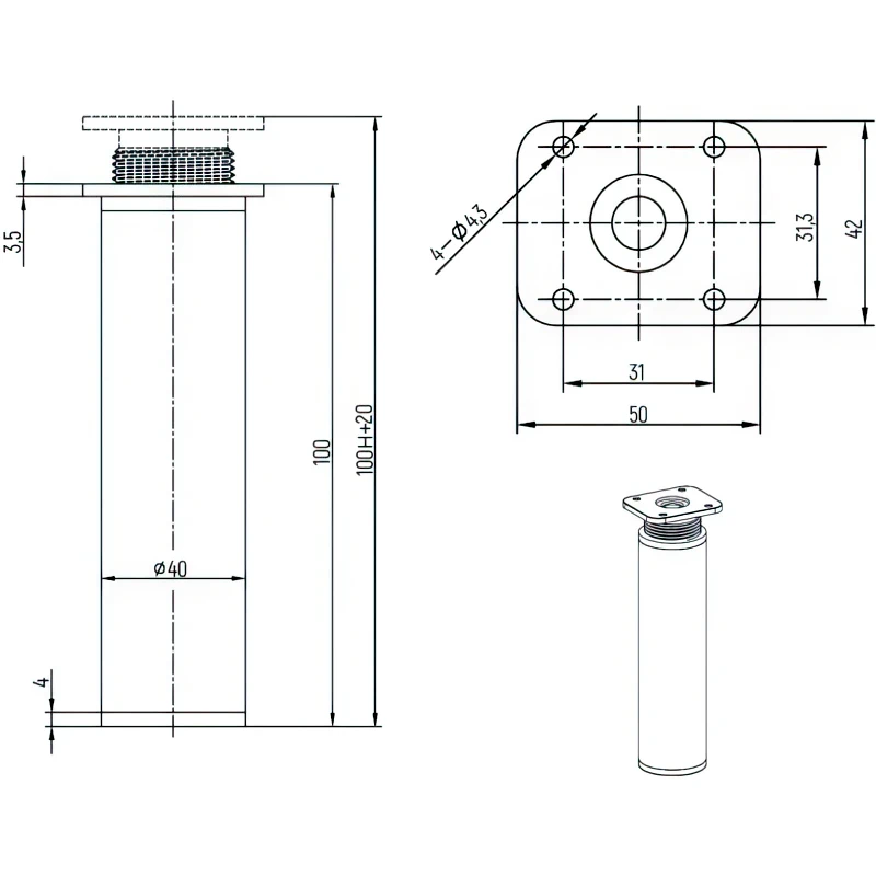 Ніжка меблева регульована DC RFA 042 Н-100мм Алюміній - 2