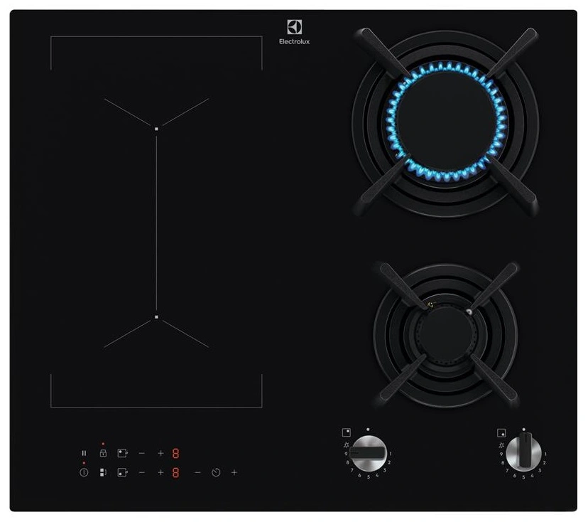 Варильна поверхня Electrolux комбінована (2 газ + 2 інд), 60см, розширена зона, чавун, чорний