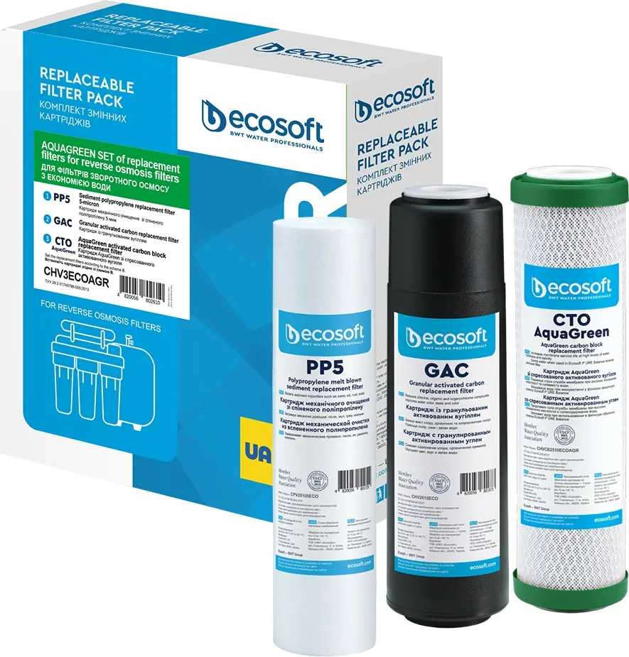 Комплект картриджів Ecosoft 1-2-3 для осмосу Absolute (поліпропілен+GAC+AquaGreen) - 2